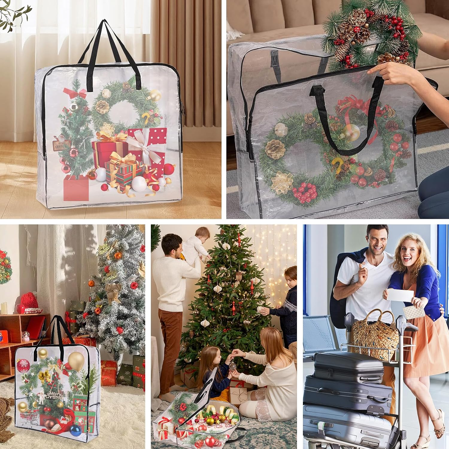 2 Pack 25 inches Wreath Storage Container,Extra Large Transparent Rectangular Christmas Ornament Storage Bags with Zipper and Handles,Perfect for Wreaths,Garlands,Gifts,Waterproof,Foldable