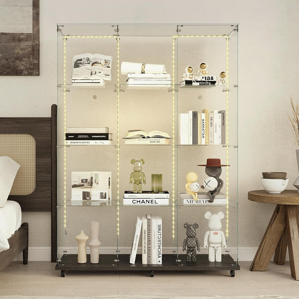 4 Tiers Glass Display Cabinet Extra Large with Bluetooth LED Light Strip, 2 Doors Floor Standing Curio Cabinet with Universal Wheel for Home, Black Glass Bookshelf for Collections, Clear Top