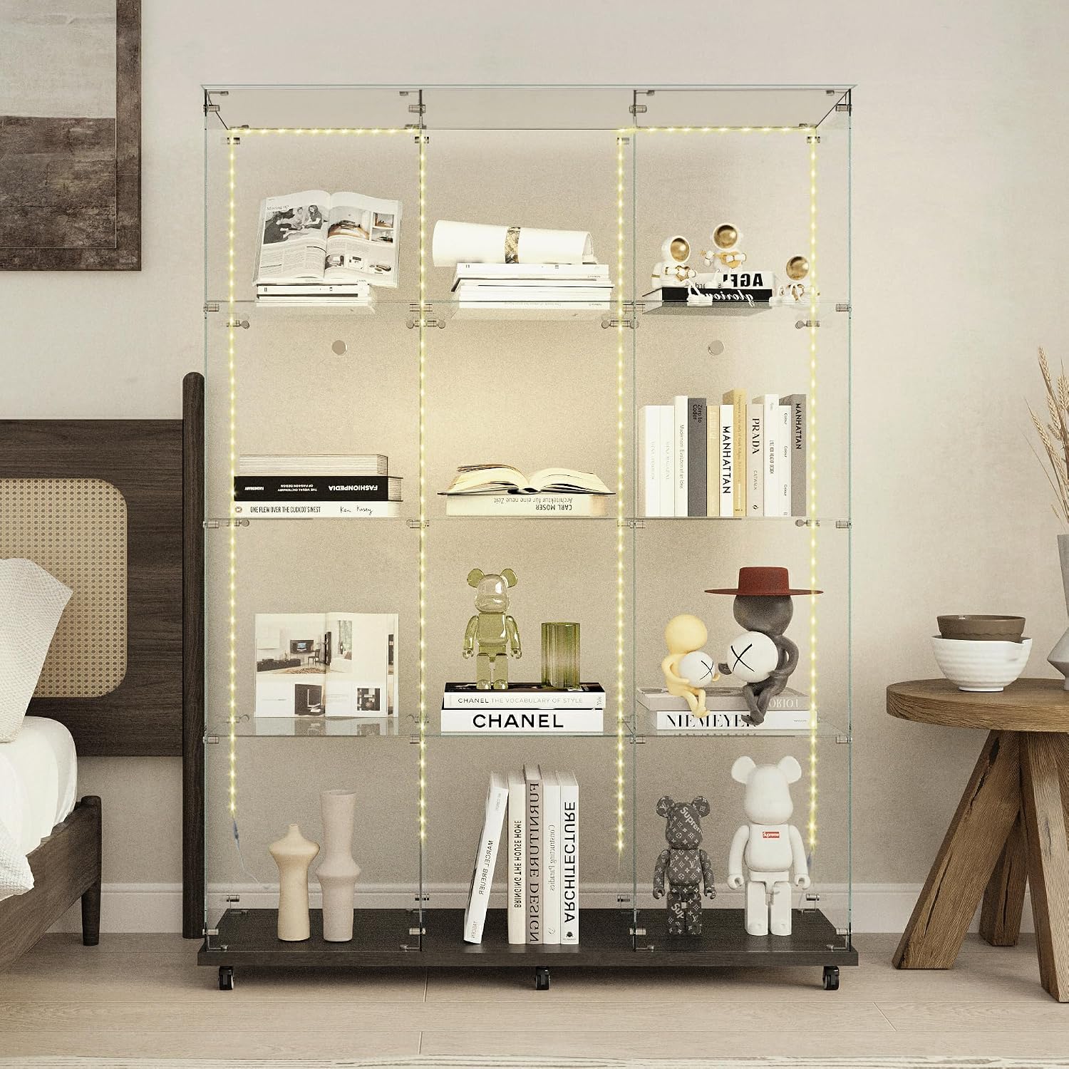 65" H 4-Shelf Glass Display Storage Cabinet with LED Lights Strip & Double Doors, Modern Curio Cabinet Collection Display Case with Lockable Casters & Lock for Living Room (Black)