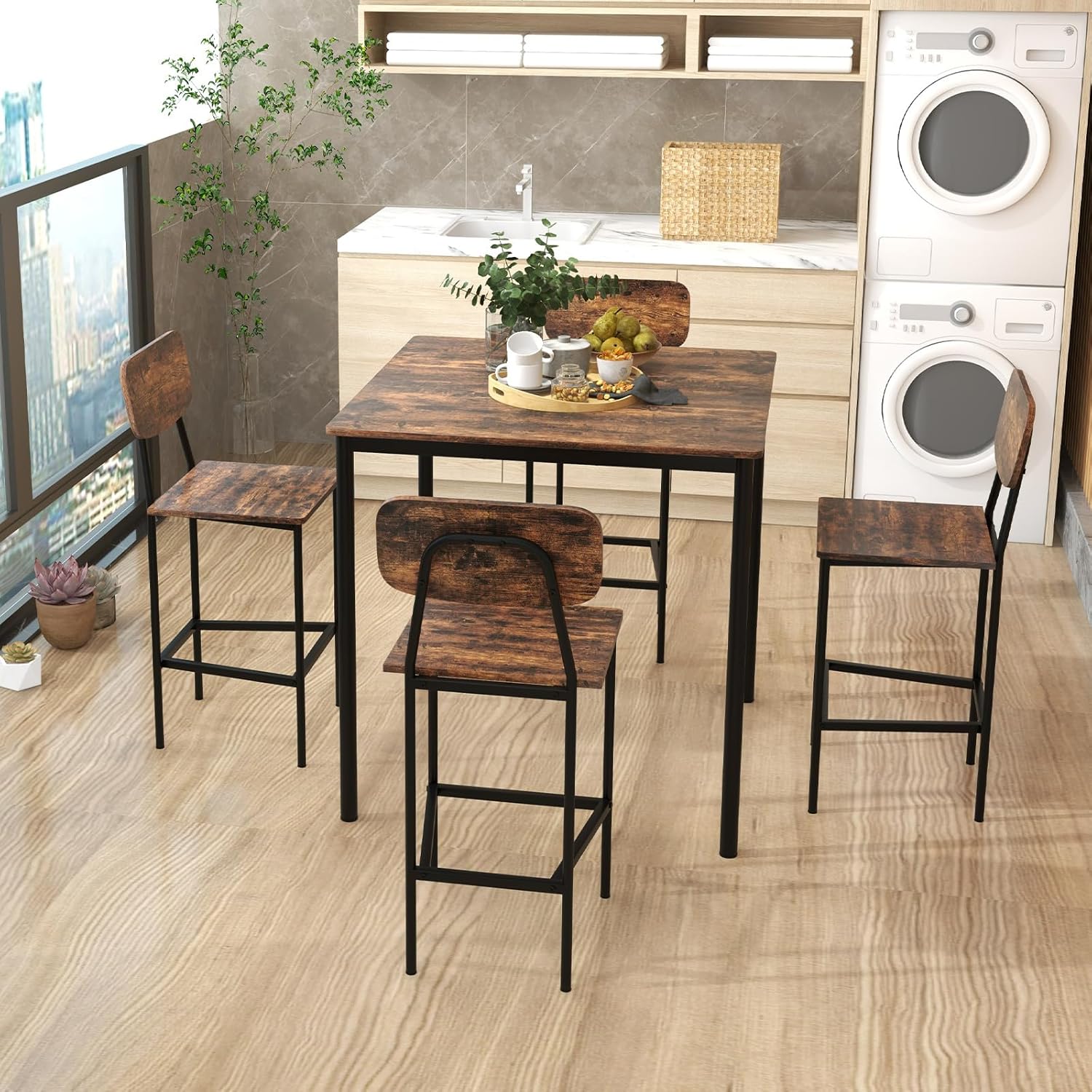 Giantex 5-Piece Dining Table Set W/Counter Height Table & 4 Bar Stools, Industrial Kitchen Dining Set W/Footrest & Backrest, Space-Saving Dinette Set for Pub, Dining Room, Restaurant (Mix Brown)