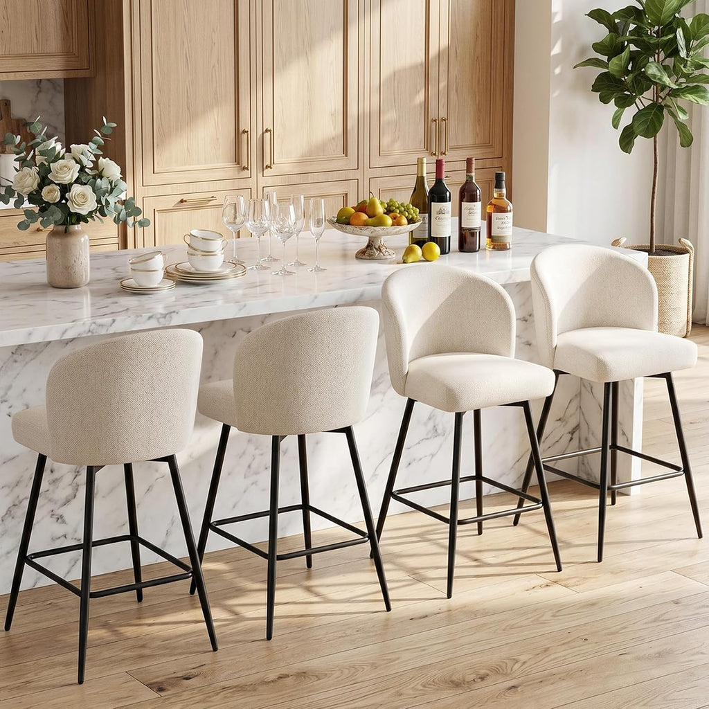 Counter Height Bar Stools Set of 2, 360° Swivel Upholstered Barstools with Backs and Metal Legs, 26" H Seat Height, Linen Fabric in Beige