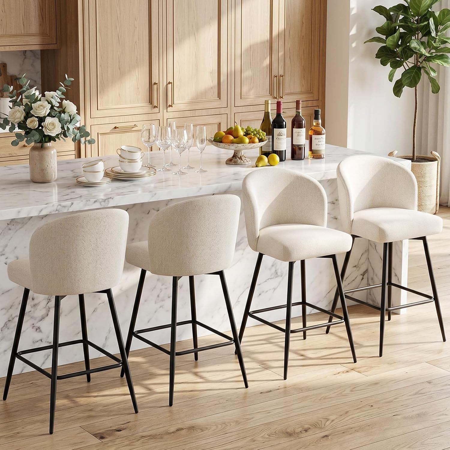 Counter Height Bar Stools Set of 2, 360° Swivel Upholstered Barstools with Backs and Metal Legs, 26" H Seat Height, Linen Fabric in Beige