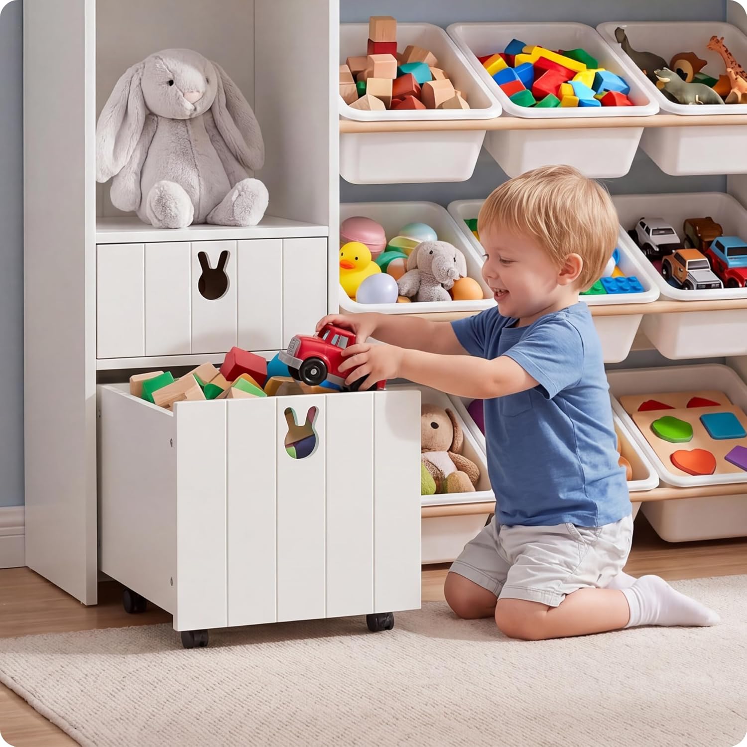 46.46" H Kids Toy Storage Organizer,Toy Chest with Book Shelf,Toy Bins,Storage Cubbies,Drawer and Rolling Cubbies,Easy Access and Clean,Space Saving for Playroom,Bedroom,Living Room (White)