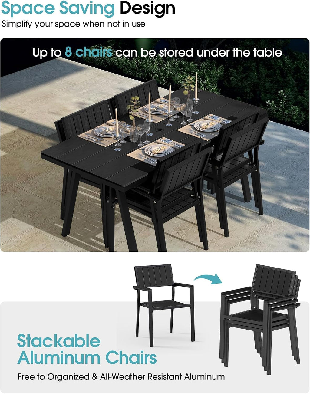 Ciokea Aluminum Patio Dining Chairs Set of 2, Outdoor Stackable Chairs with Wide Seat, All-Weather HDPS Oversized Porch Chair for Backyard, Poolside, Lawn & Garden, Deck | 2-Piece, Black