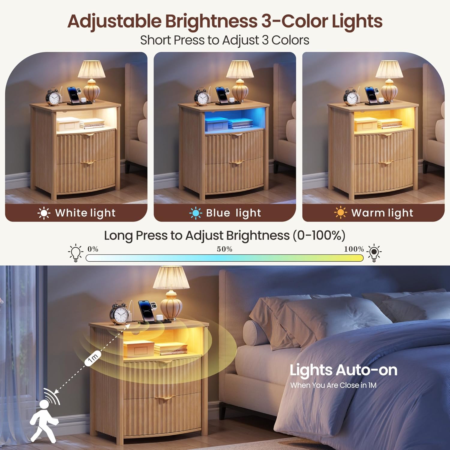 Dystler Fluted Night Stand with Gun Drawer & Card-Lock, 19.7" W Curved Nightstand with Charging Station and LED Lights, 2 Drawers Smart Bedside Table for Bedroom (1, Oak)