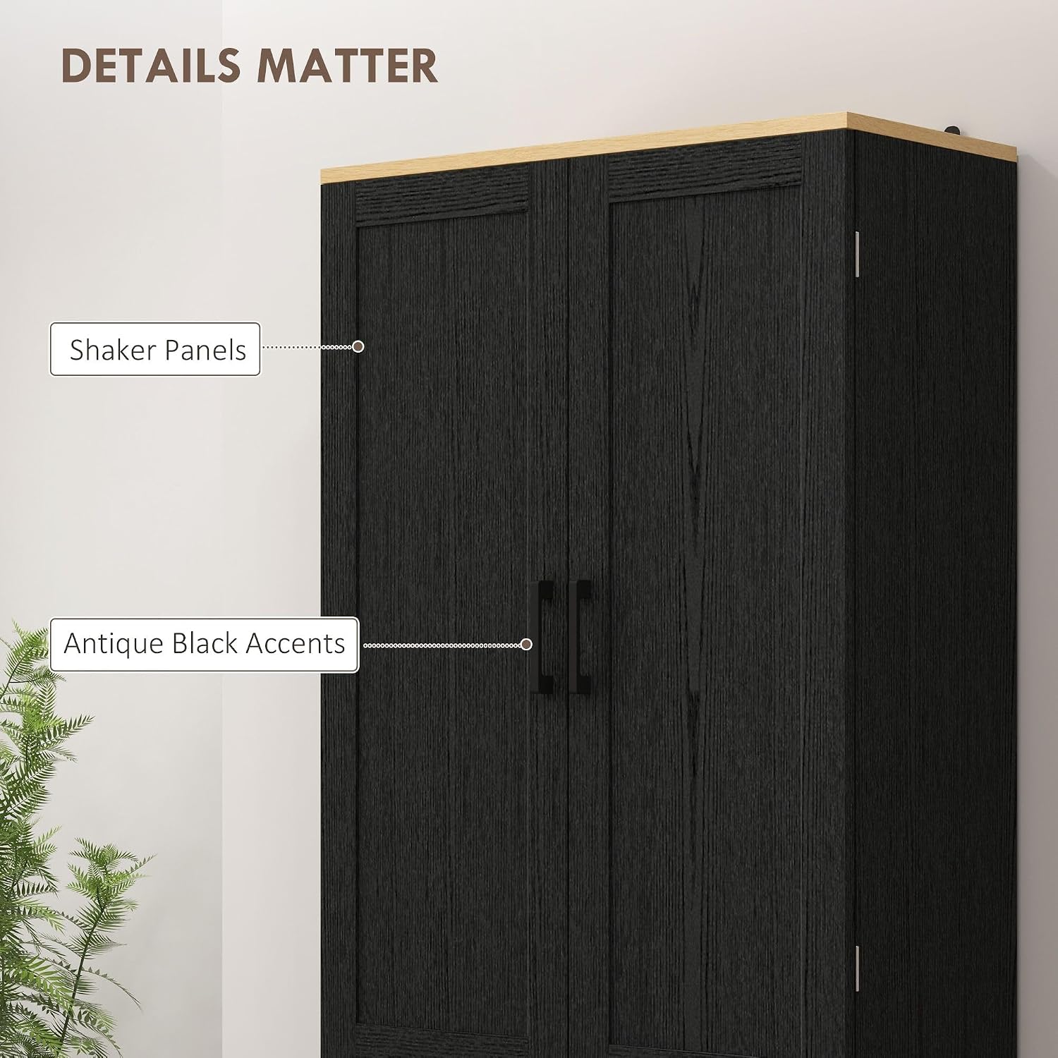 4-Door Bohemian Freestanding Kitchen Pantry Cabinet with Complete Adjustable Shelves, Distressed Black Finish in Vintage Design