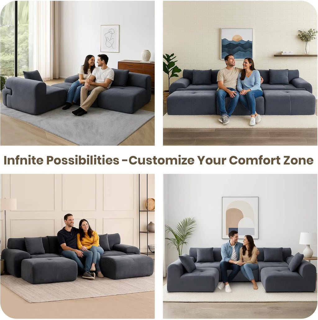 122" Modular Sectional Sofa Convertible L-Shape Cloud Couch, Corduroy Upholstered Boneless Sofa Set with Deep Seat & Movable Ottoman, No Assembly Needed, for Living Room, Bedroom, Home Office, Grey