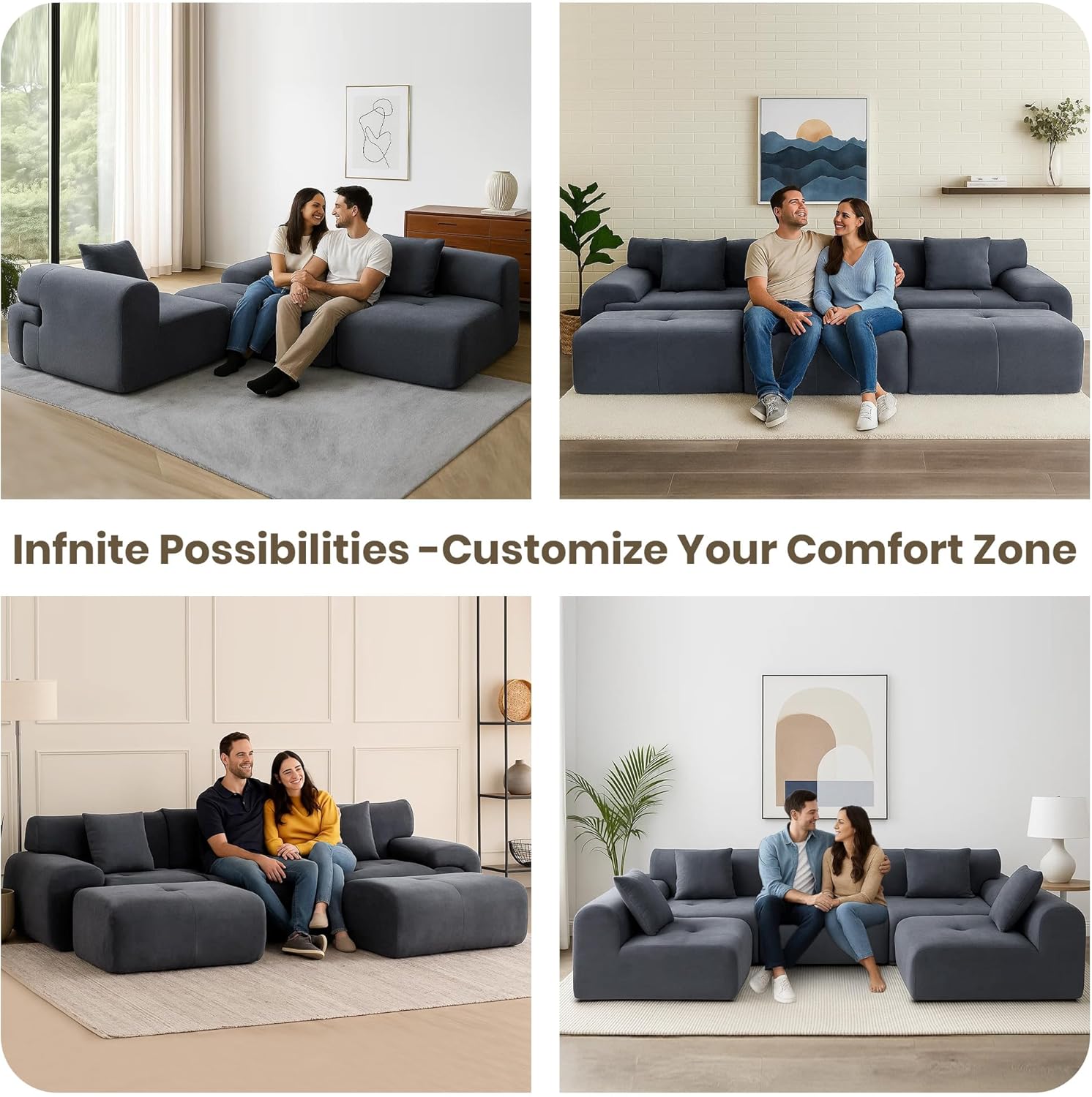 122" Modular Sectional Sofa Convertible L-Shape Cloud Couch, Corduroy Upholstered Boneless Sofa Set with Deep Seat & Movable Ottoman, No Assembly Needed, for Living Room, Bedroom, Home Office, Grey