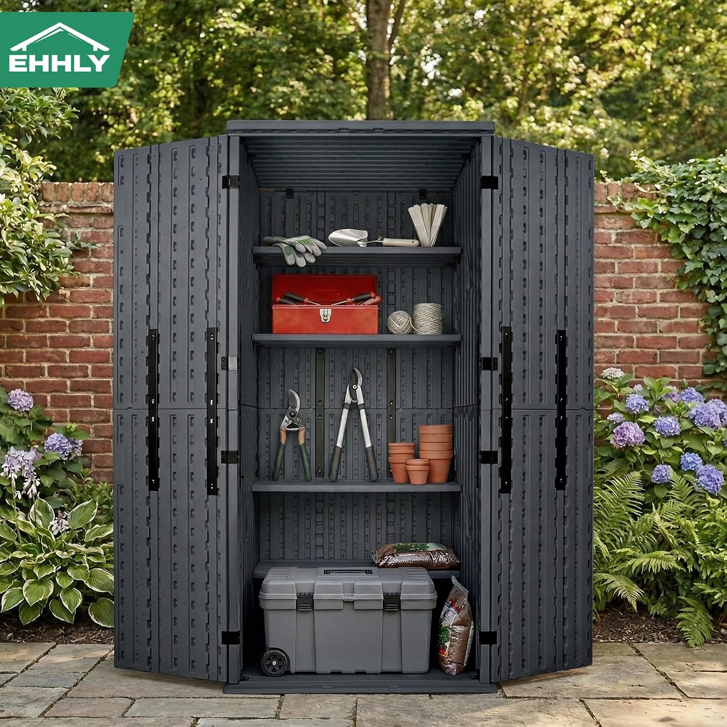 EHHLY Heavy Duty Tall Storage Cabinet Outdoor Weatherproof, 28 Cuft Garage Storage Cabinet with 4 Adjustable Shelves, Lockable Kitchen Pantry Closer Organizer, 31Wx23Lx66H, Sage Grey