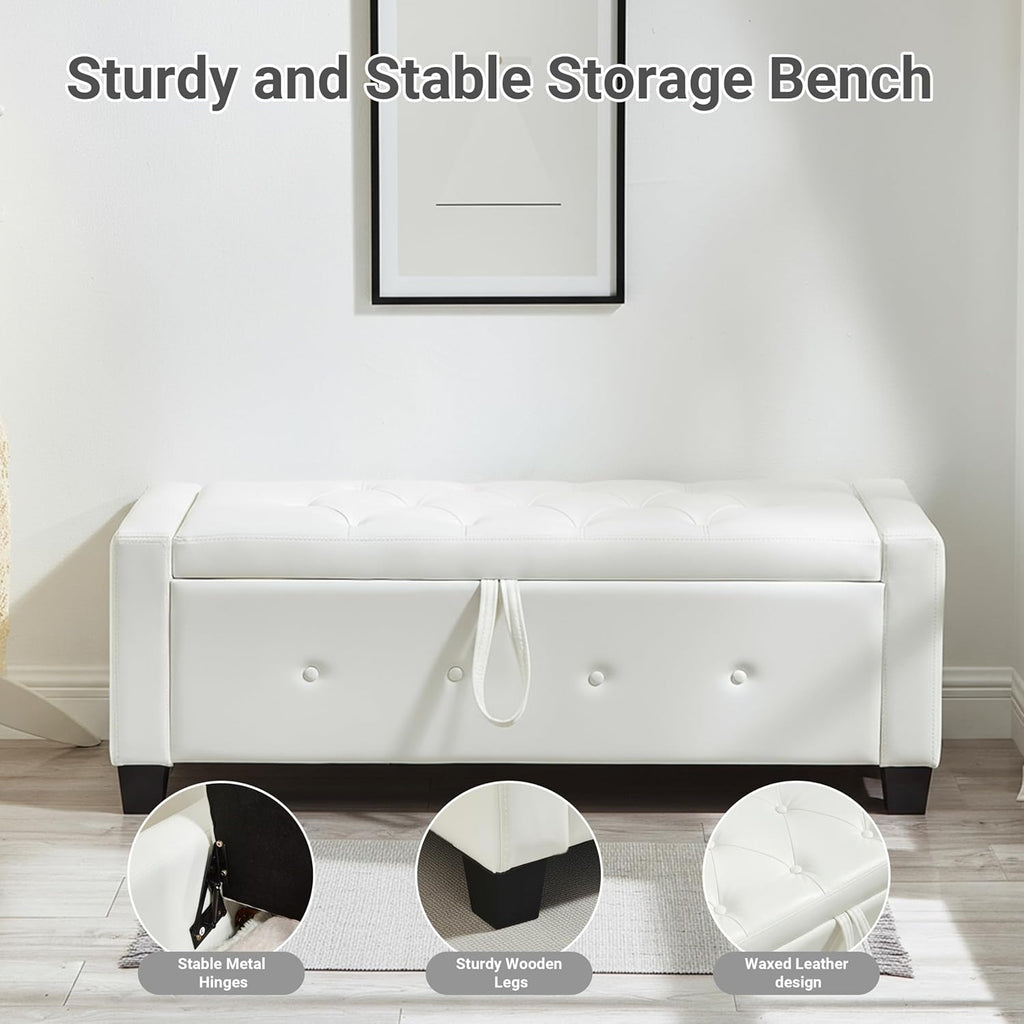 48" Faux Leather Ottoman with Storage, Tufted Storage Ottoman Bench with Safety Hinge, Rectangular Extra Long Bench for Bedroom, Living Room, Entryway and Window, White
