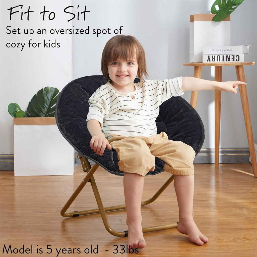 Heritage Kids Folding Faux Fur Saucer Chair 23 Inch Comfortable Plush Lounge Seating Soft Lightweight Portable Children Bedroom Playroom Modern Home Furniture Black