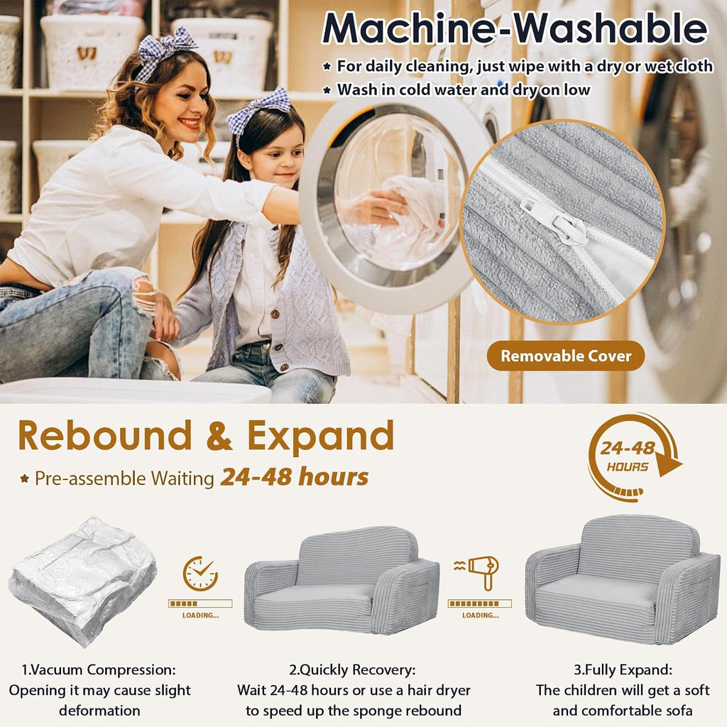 Foryoomi Extra Wide 2 in 1 Convertible Toddler Kids Couch - Corduroy Fold Out Kids Sofa Chair with Blanket, Comfy Comfortable Toddler Chair, Machine-Washable Cover, for Boys Girls, Grey