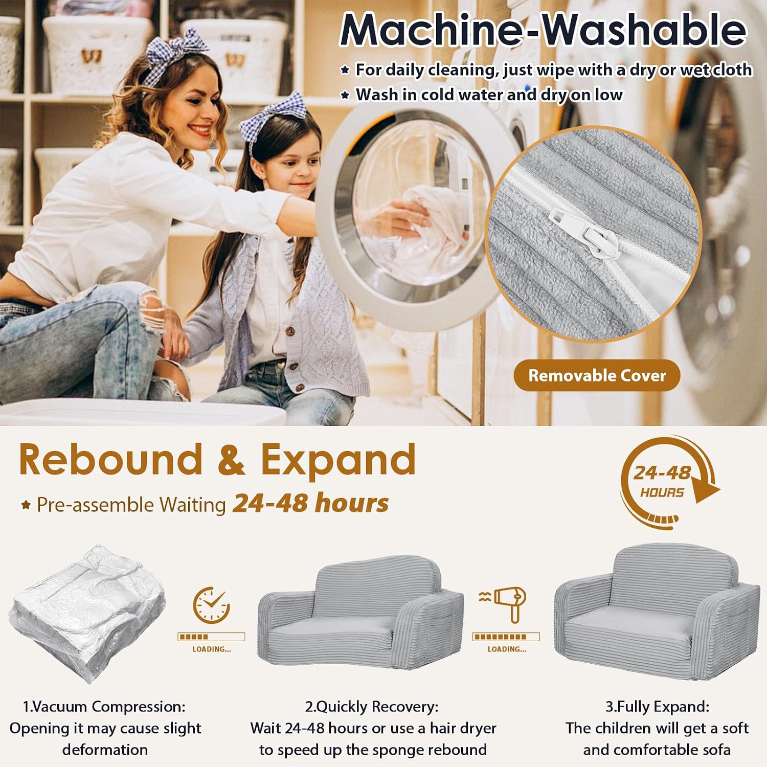 Foryoomi Extra Wide 2 in 1 Convertible Toddler Kids Couch - Corduroy Fold Out Kids Sofa Chair with Blanket, Comfy Comfortable Toddler Chair, Machine-Washable Cover, for Boys Girls, Grey