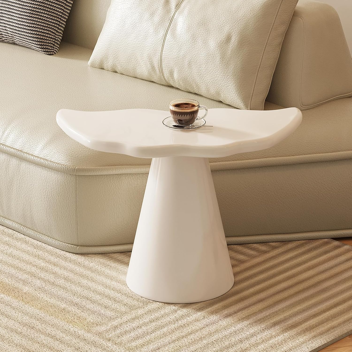 Guyii Irregular End Table, Cream White Side Table, Small Shark Fin Sofa Table for Living Room, Office, Home, Bedroom, Easy Assembly