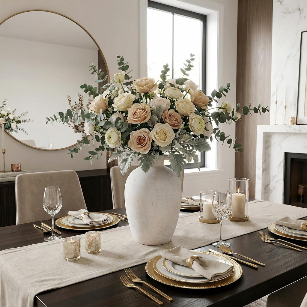 Ceramic Flower Vase with Handles,10" Neutral Tall Clay Beige Terracotta Vases Farmhouse Table Vases with Handle Living Room Decor Rustic Pottery Pots for Home Shelf Coffee Dining Desk Fireplace