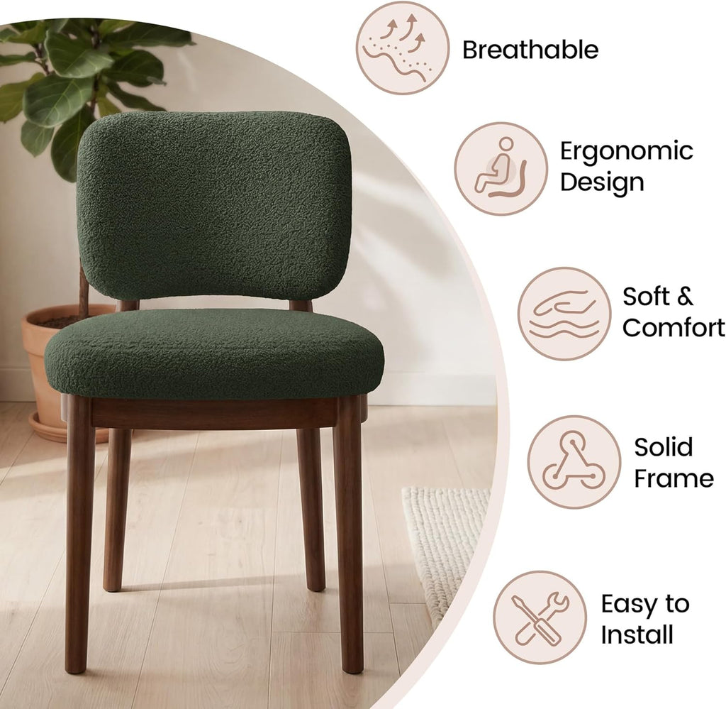 Wooden Dining Chairs Set of 4, Boucle Upholstered Kitchen Chairs with Solid Wood Legs, Mid Century Modern Dining Chairs, Farmhouse Side Chair with Hardwood Frame for Dining Room, Green