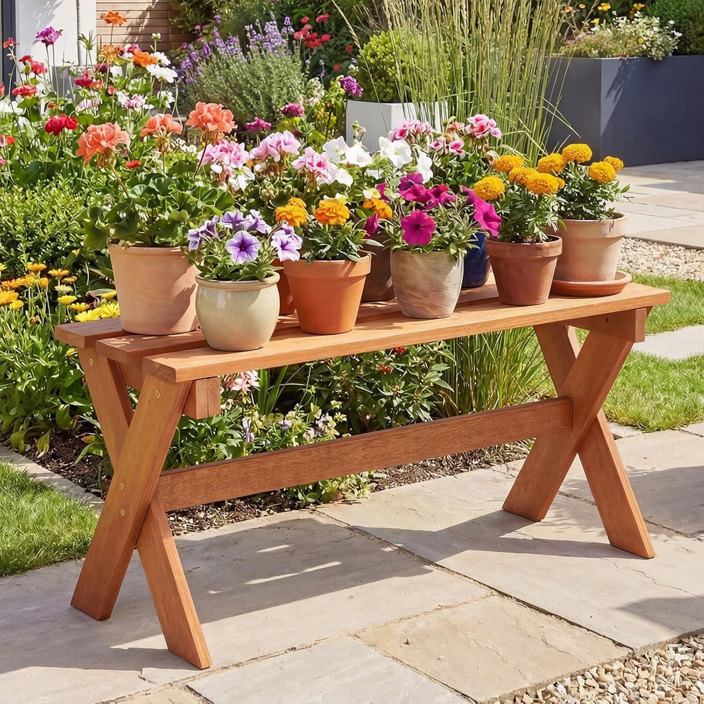 Tangkula Outdoor Wood Bench Backless, Patio Dining Bench with Teak Oil Finish & Slatted Seat, X-Shaped Frame, Farmhouse Wooden Bench Plant Stand, Outside Bench for Porch, Garden, Entryway (1)