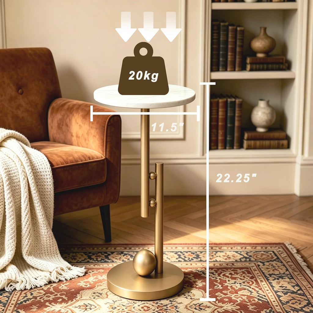 Small Marble End Table, Round Side Table, Modern Drink Table, Pedestal Accent Table for Living Room, Bedroom, Sofa Side, Nightstand for Small Spaces, Easy Assembly, White and Gold