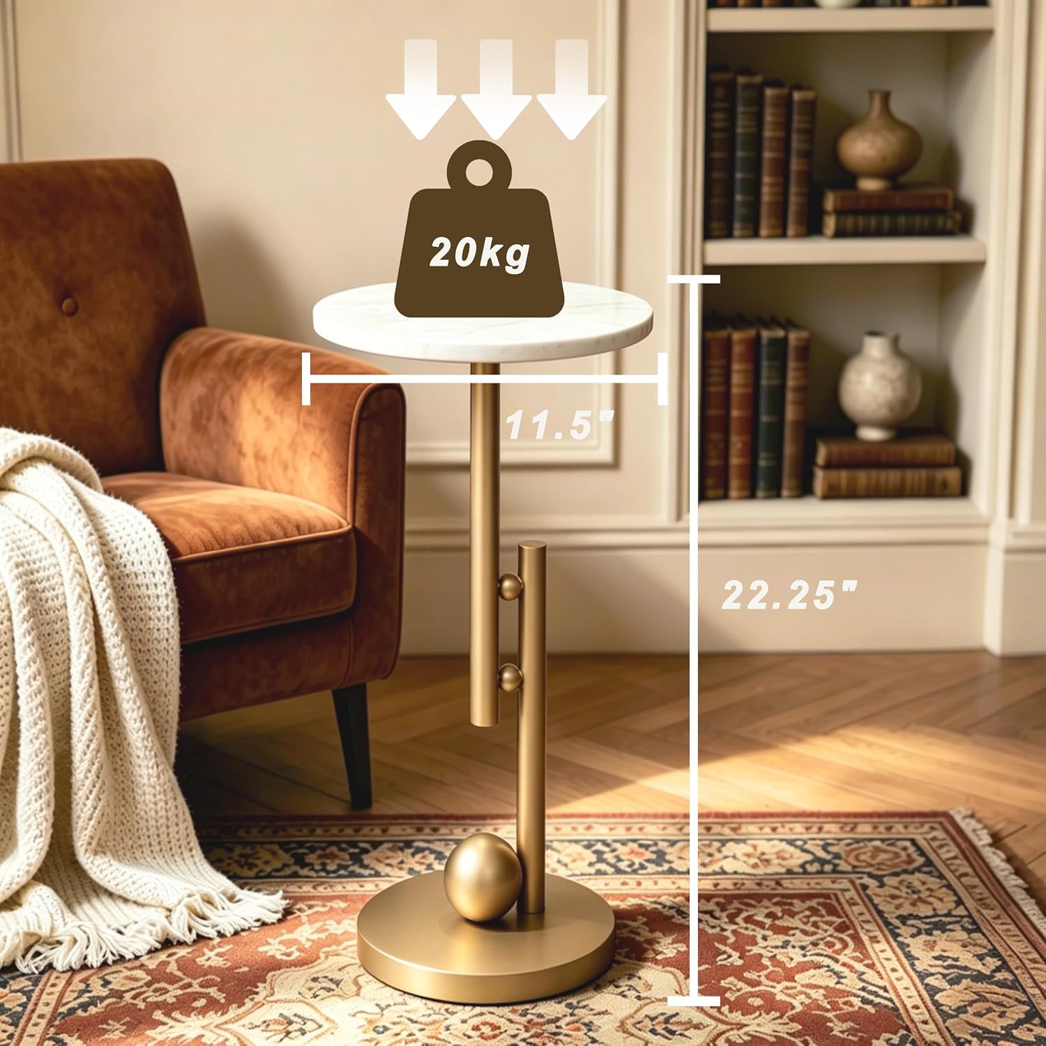 Small Marble End Table, Round Side Table, Modern Drink Table, Pedestal Accent Table for Living Room, Bedroom, Sofa Side, Nightstand for Small Spaces, Easy Assembly, White and Gold