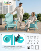 Folding Adirondack Chair with Dual Cup Holders, Ergonomic High Back HDPE Fire Pit Chair, 380lbs Capacity All-Weather Outdoor Patio Lounge Chair for Garden, Deck, Yard - Aruba Blue