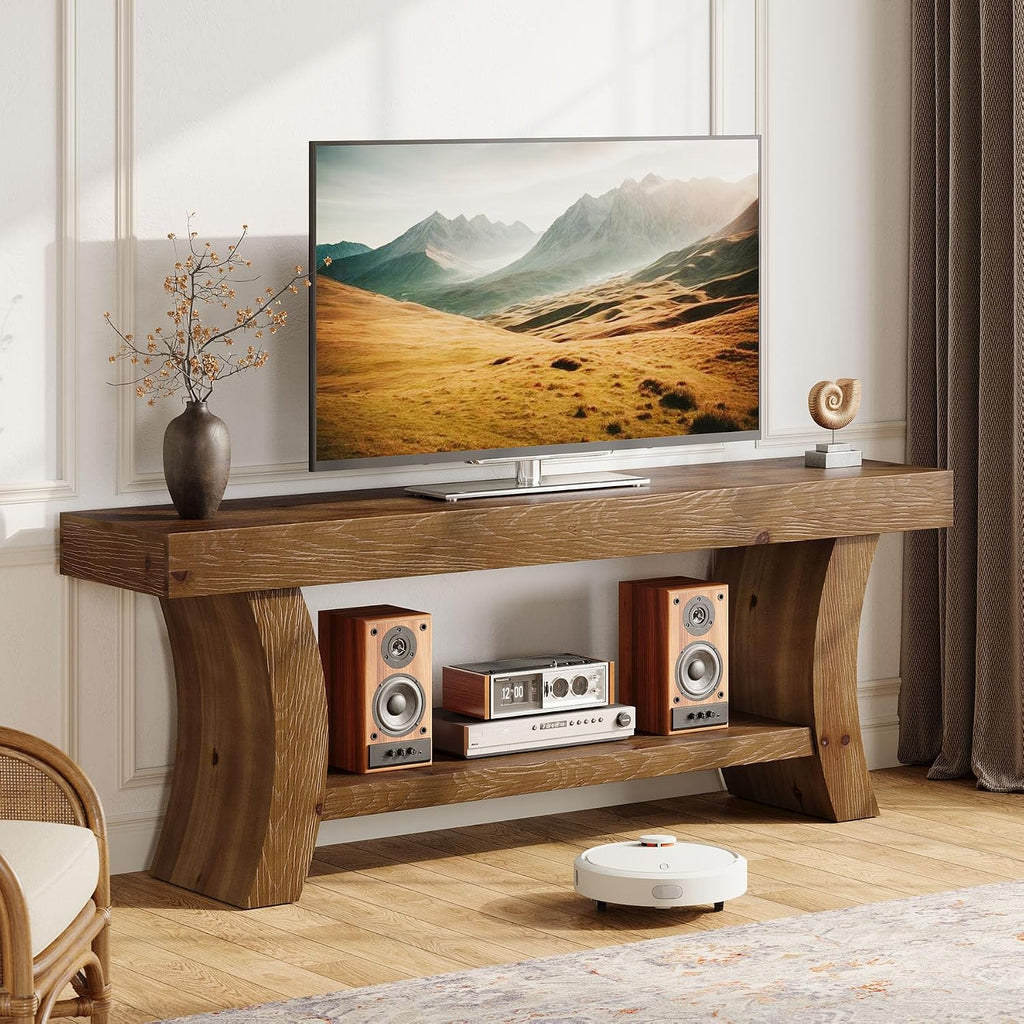 63" Solid Wood TV Stand for 55/60/65/75" TVs, Farmhouse TV Console, Low Entertainment Center with Storage for Living Room, Bedroom (Dark Brown)