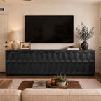 Brafab Buffet Cabinet, 118" Modern Mid-Century Credenza with 8 Doors, Wood Sideboard Cabinet with Geometric Doors for Living Room and Kitchen, Black
