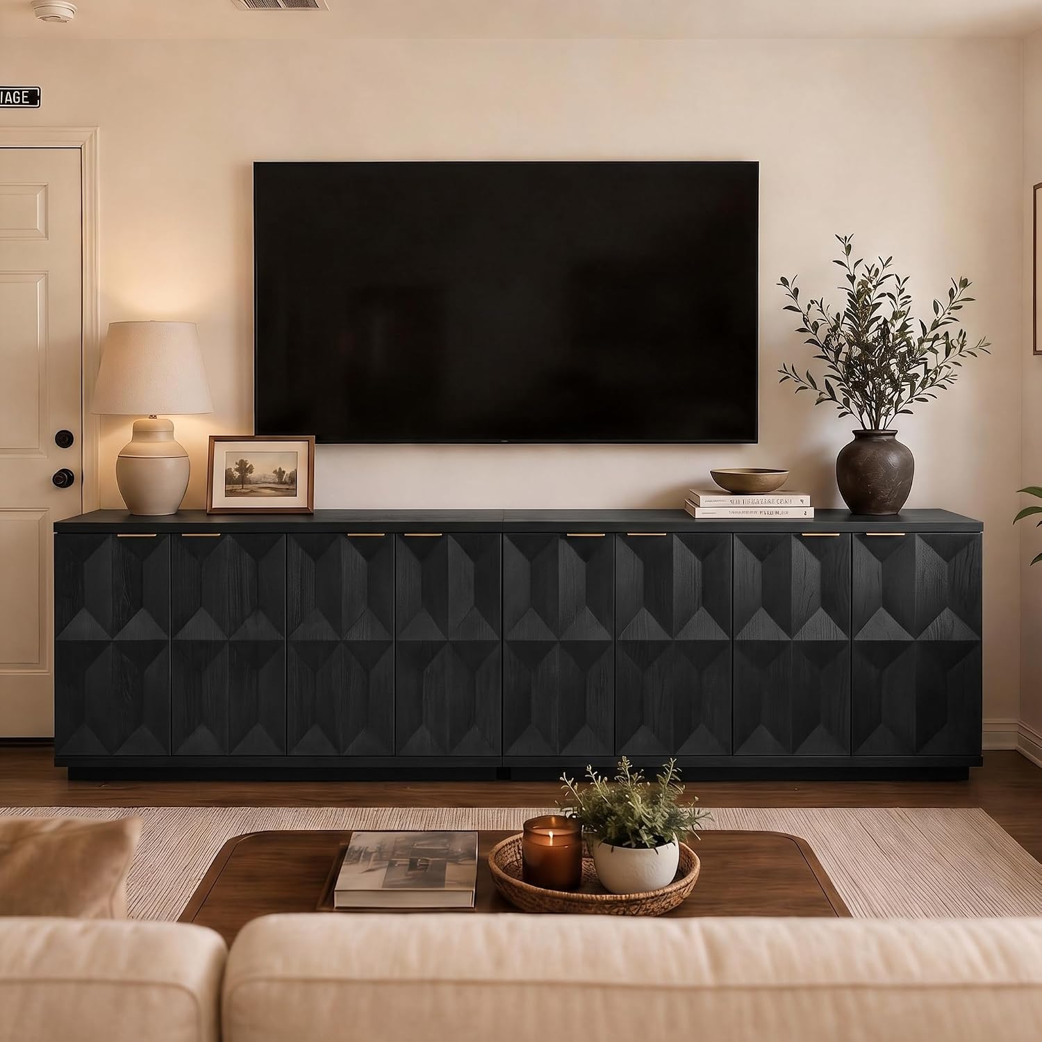 Brafab Buffet Cabinet, 118" Modern Mid-Century Credenza with 8 Doors, Wood Sideboard Cabinet with Geometric Doors for Living Room and Kitchen, Black