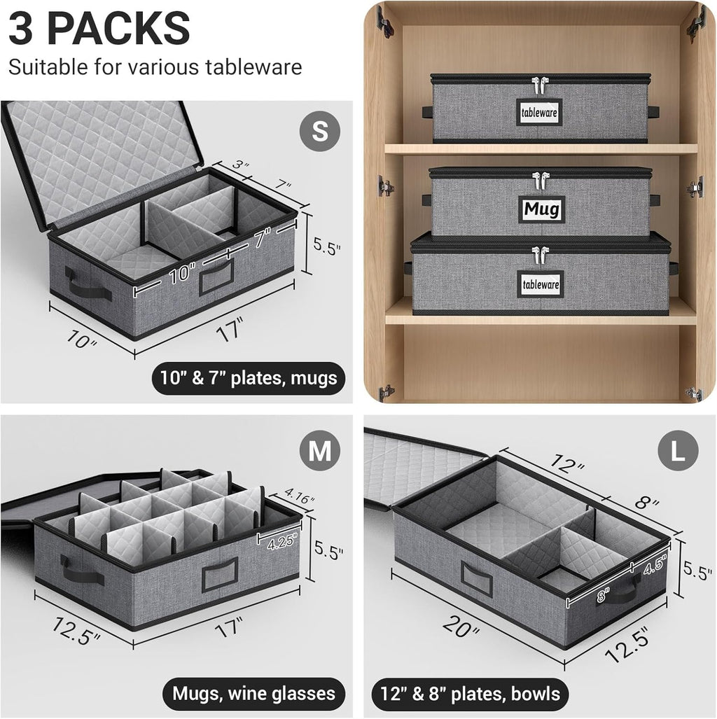 MISSLO Large Capacity China Storage Containers Hard Shell Plate Storage Containers, Kitchen Packing Moving Boxes for Dishes, Dinnerwares, Mugs Protectors, Grey, 3 Piece Set
