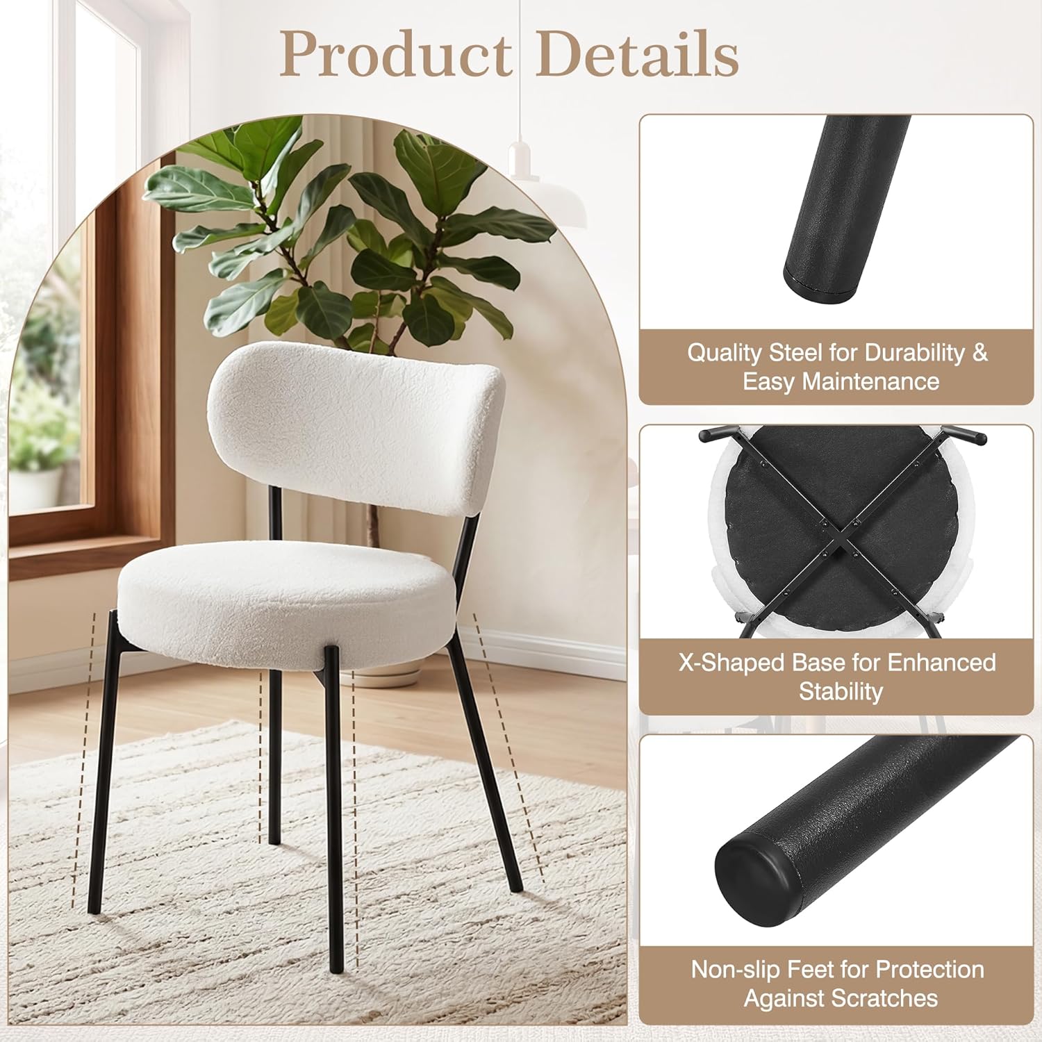 VECELO Dining Chairs Set of 4, Modern Mid Century Upholstered Kitchen Chairs with Curved Backrest and Black Metal Legs, for Kitchen, Dining Room, Living Room, White