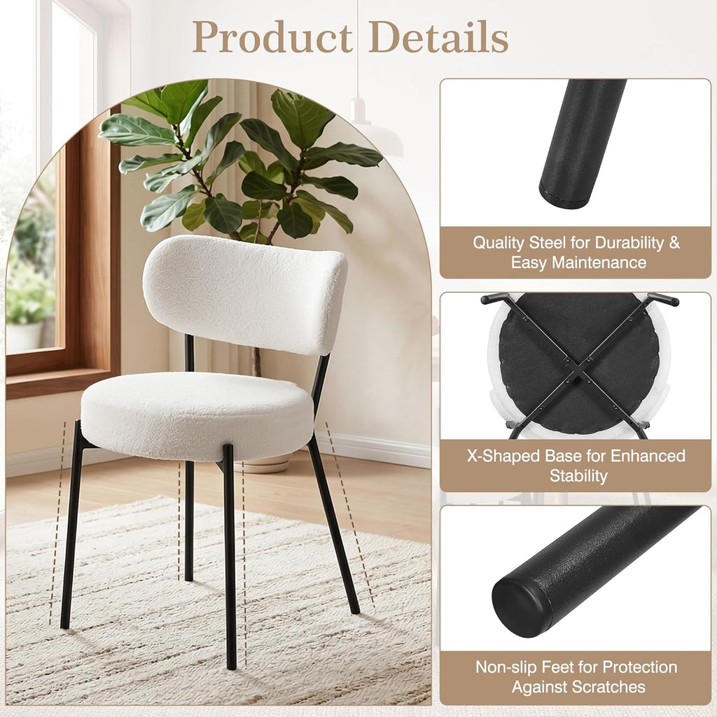 VECELO Dining Chairs Set of 4, Modern Mid Century Upholstered Kitchen Chairs with Curved Backrest and Black Metal Legs, for Kitchen, Dining Room, Living Room, White