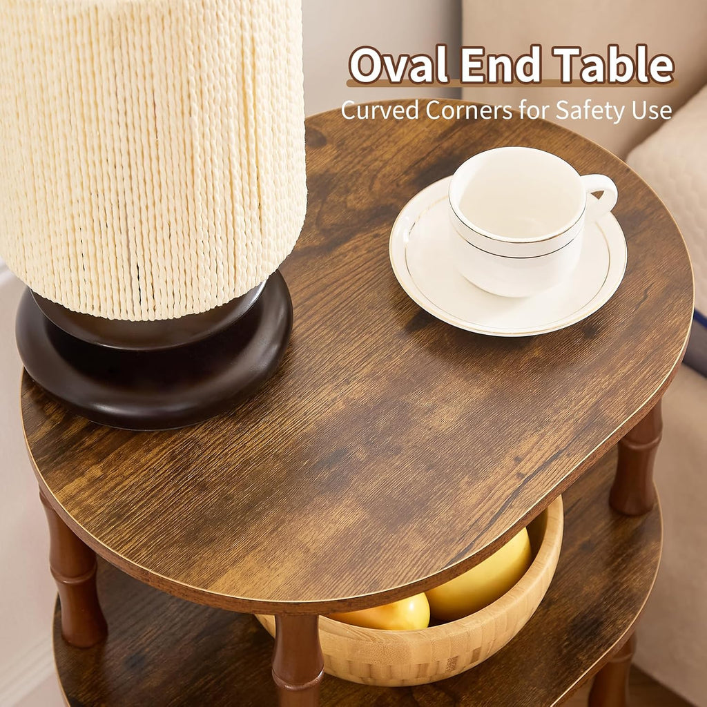 Side Table, 3-Tier Oval Accent Small End Table, Modern Oval Nightstand Accent Table for Small Space, Bedrooms, Living Room, Easy to Assemble, Rustic Brown
