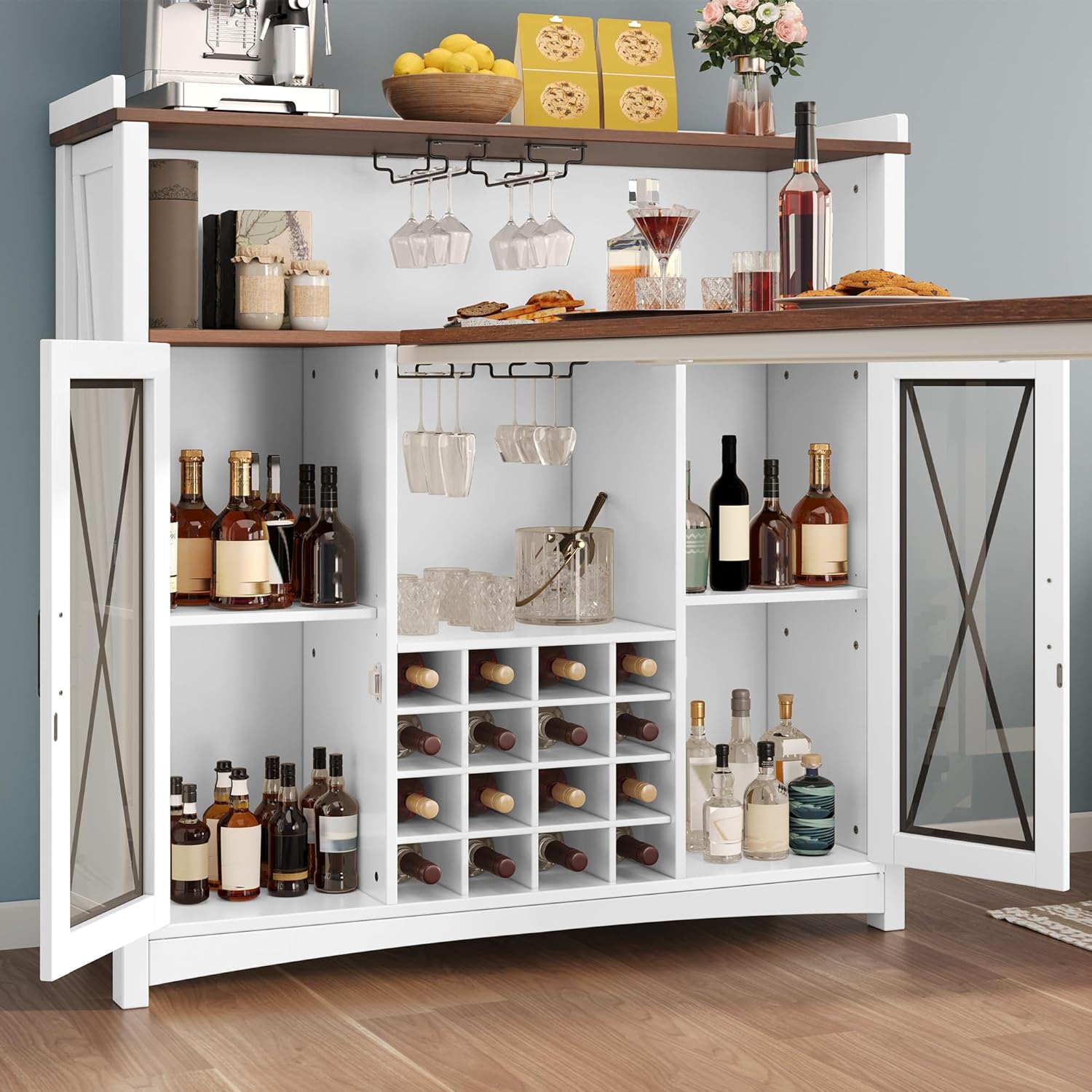 DWVO Home Bar Unit with LED Lights ＆ Wine Cabinet, Farmhouse Bar Cabinet with Wine Storage, Mini Bar Table Coffee Cabinet with Glasses Holder Hanger Footrest for Home Kitchen Pub, White&Walnut