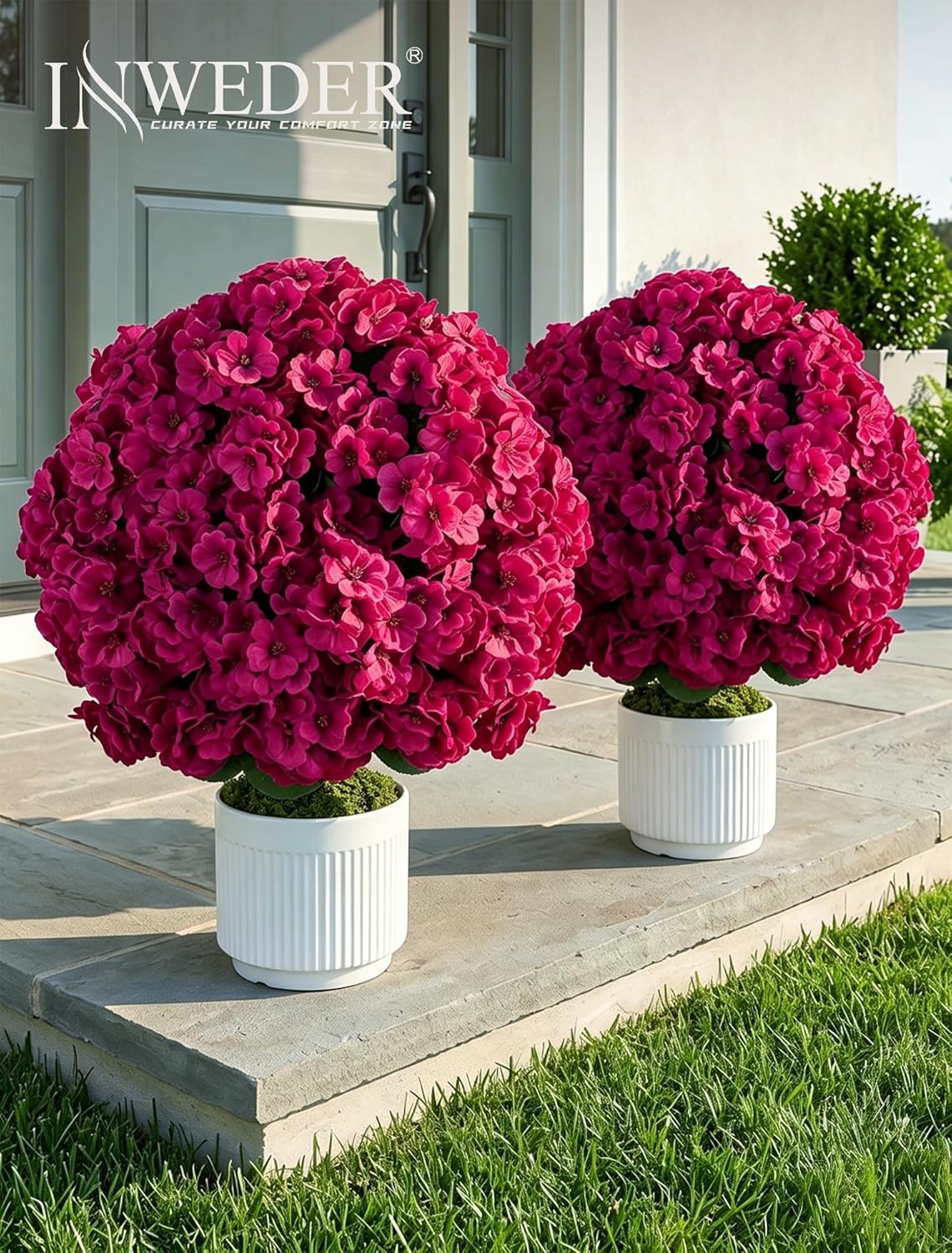 Faux Geraniums for Outdoor Planters: 26” Faux Flower Topiary Ball with Pot Set of 2 for Patio Porch - Hot Pink UV Resistant Silk Geraniums for Outdoors Front Door