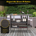 Giantex Outdoor Patio Wicker Bar Table, 2 Storage Shelves, 55''W Tabletop, Rails for Hanging Wine Glasses, Heavy-Duty Metal Frame, Bistro Rattan Bar Counter Table for Poolside Backyard (Mix Brown)