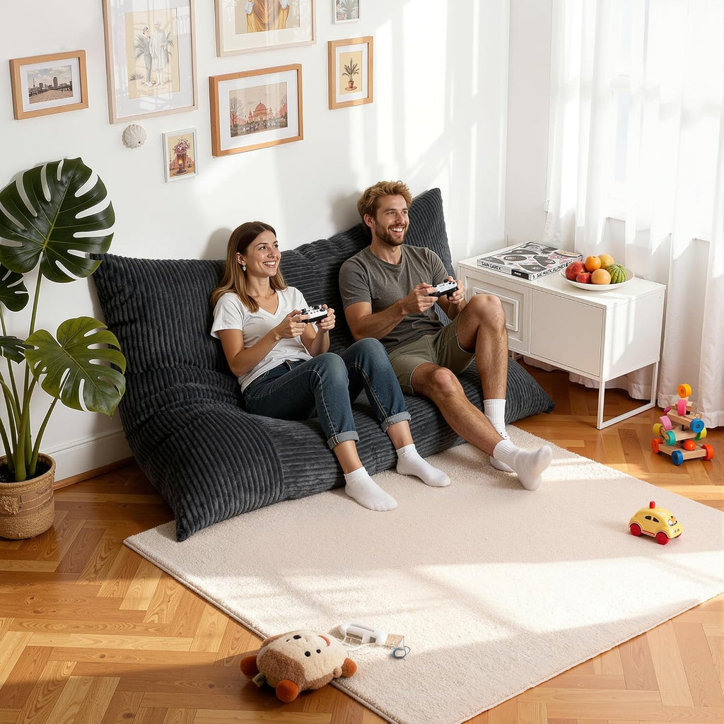 nalone 6.4 FT Giant Bean Bag Chair for Adults, 4 in 1 Memory Foam Filled Beanbag Chair, Floor Sofa Bed with Fluffy Washable Flannel Cover, Lounge Couch for Bedroom, Living Room (Grey)