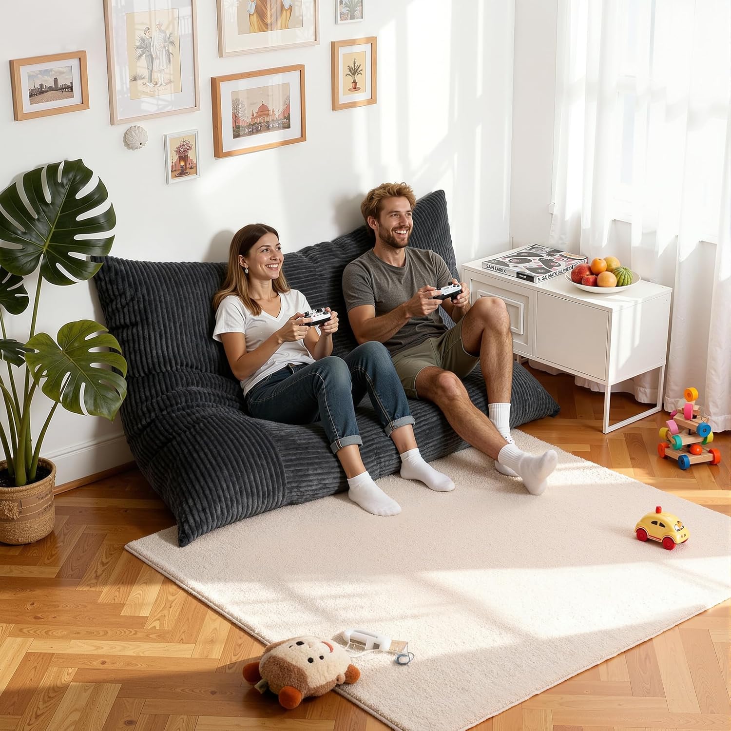 nalone 6.4 FT Giant Bean Bag Chair for Adults, 4 in 1 Memory Foam Filled Beanbag Chair, Floor Sofa Bed with Fluffy Washable Flannel Cover, Lounge Couch for Bedroom, Living Room (Grey)