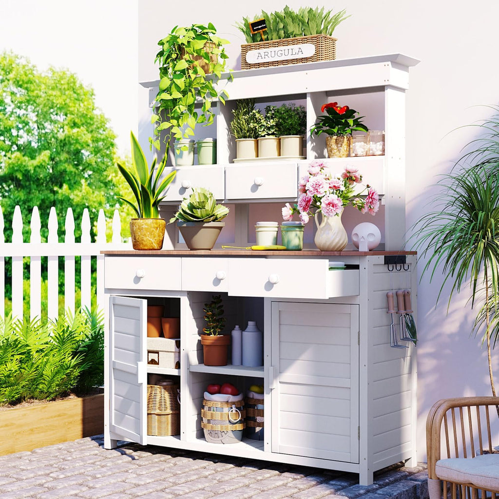 65.7" H Tall Garden Potting Bench with Hutch, 3 Shelves, 6 Drawers, 2 Cabinets, Side Hooks