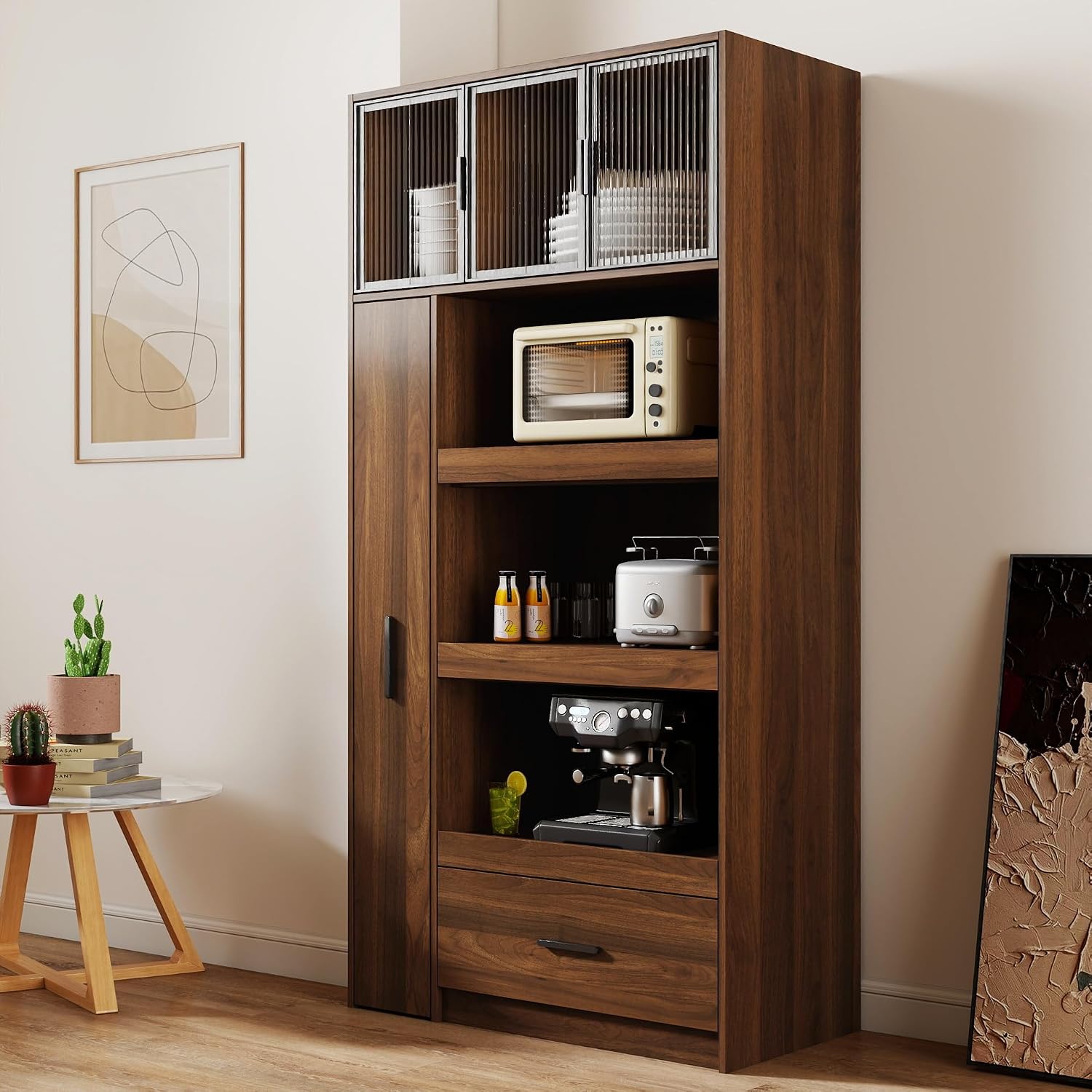 70.87" Tall Freestanding Kitchen Pantry Cabinet w/Multi-Tier Pull-Out Shelf, 1 Drawer, Aluminum Frame Glass Door, Microwave Stand & Coffee Bar for Dining/Living Room