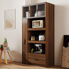 70.87" Tall Freestanding Kitchen Pantry Cabinet – Multi-Tier Pull-Out Shelf, 1 Drawer, Aluminum-Frame Glass Door & Microwave Stand