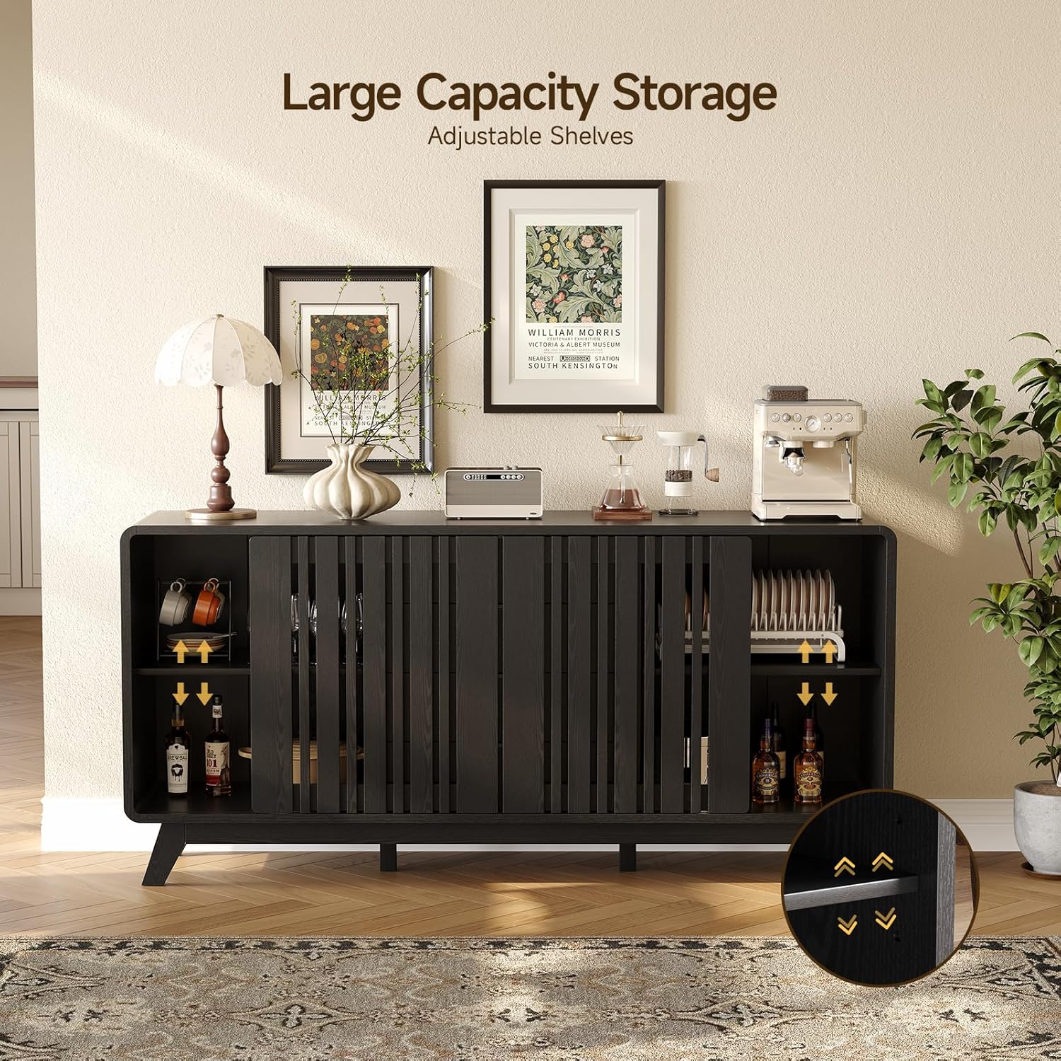 ONBRILL Sideboard Buffet Cabinet with Storage, Fluted Buffet Cabinet with Sliding Doors & 4 Drawers, Mid Century Modern Coffee Bar Wine Bar Credenza for Living Room, Kitchen (Black)