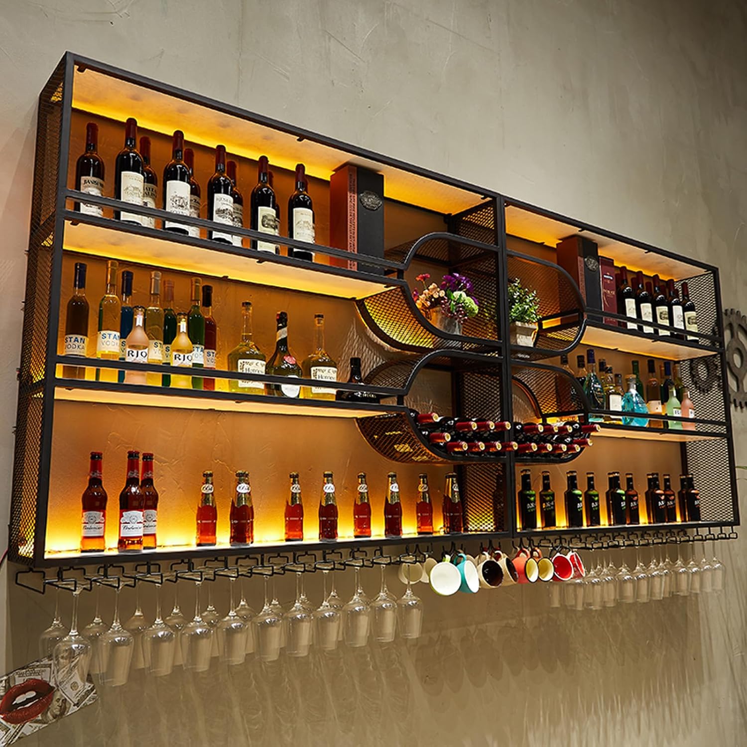 78.7in Large Wall Mounted Wine Rack with LED Light,4-Tiers Liquor Bottles Floating Shelves Display Storage Organizer for Home Bar & Dining Room Decorative (78.7" W x 9.8" D x49.2 H)