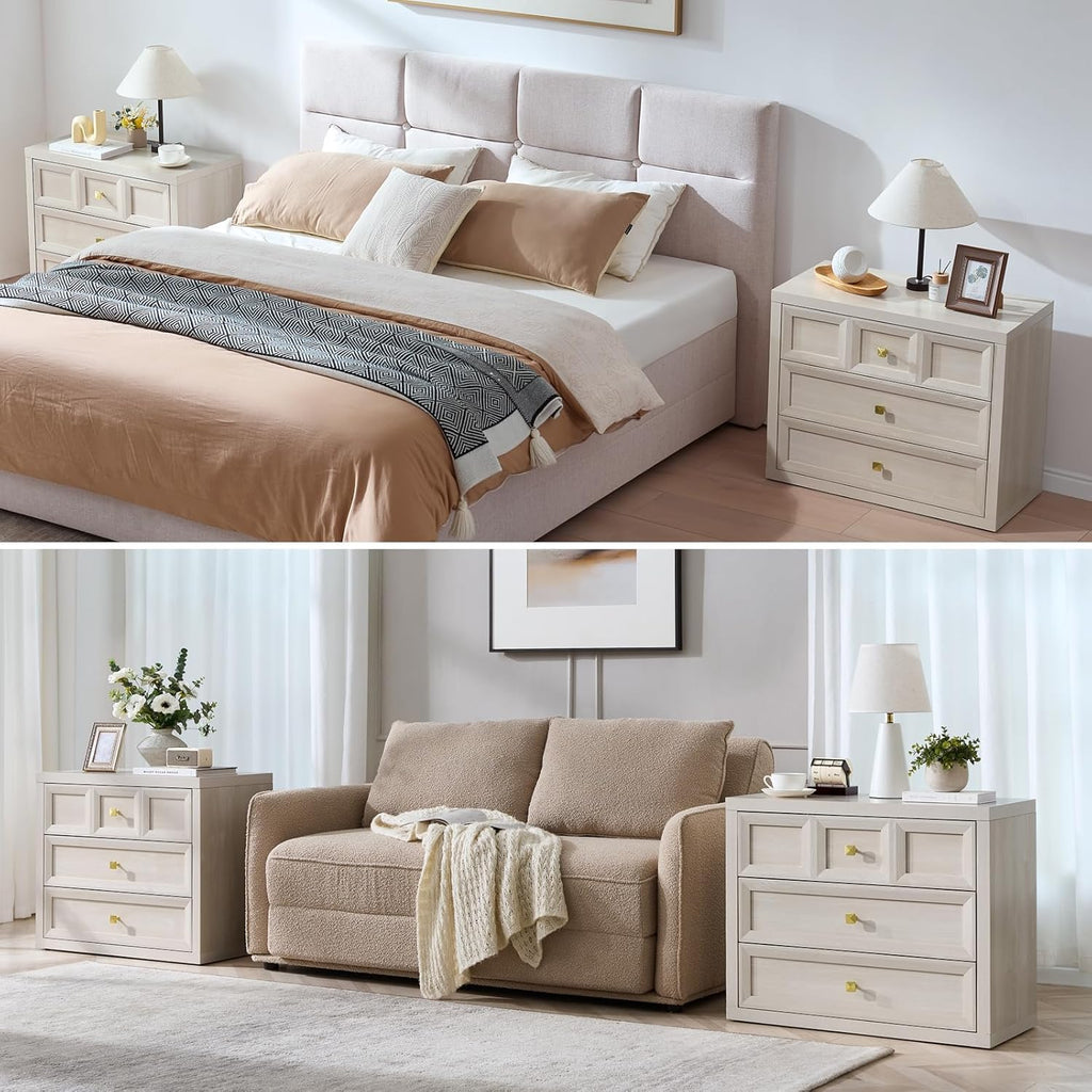 Night Stand Large W/Charging Station, 30.7" W Oversized Nightstands Tall Bedside Table with 3 Drawers, Accent End Table W/Large Storage, Modern Wood End Table for Bedroom, Office