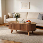Oval Fluted Coffee Table with Lift Top, Mid Century Modern Coffee Table with 3 Hidden Storage, 39.4" Farmhouse Center Tables for Living Room Home Office, Walnut