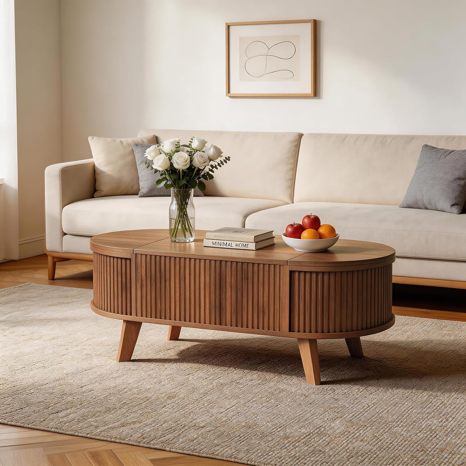 Oval Fluted Coffee Table with Lift Top, Mid Century Modern Coffee Table with 3 Hidden Storage, 39.4" Farmhouse Center Tables for Living Room Home Office, Walnut