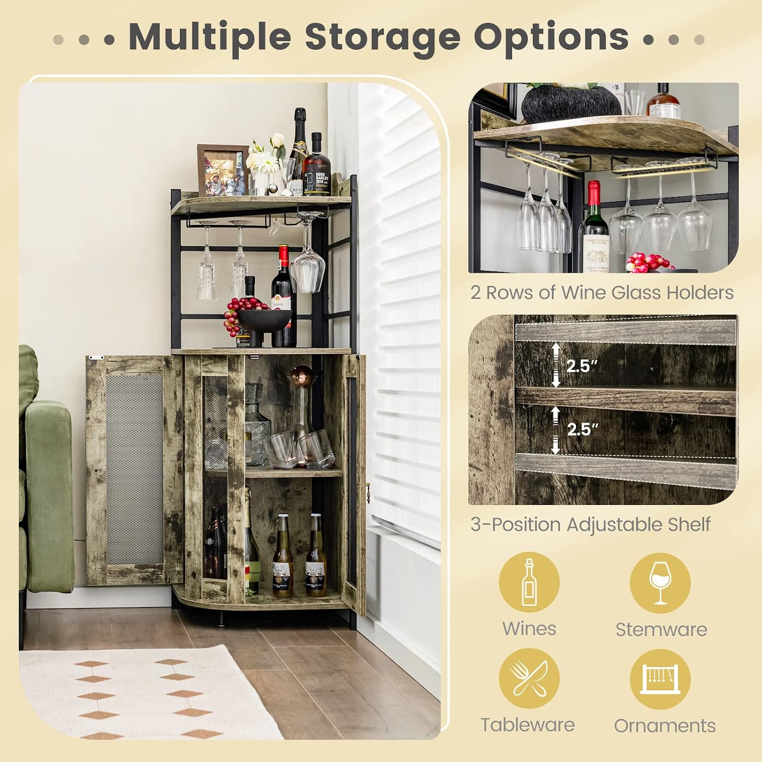 Giantex Corner Bar Cabinet with Glass Holder, Industrial Wine Cabinet with Metal Mesh Doors & Adjustable Shelf, Buffet Cabinet with Anti-tip Kit for Home Kitchen Dining Room Bistro