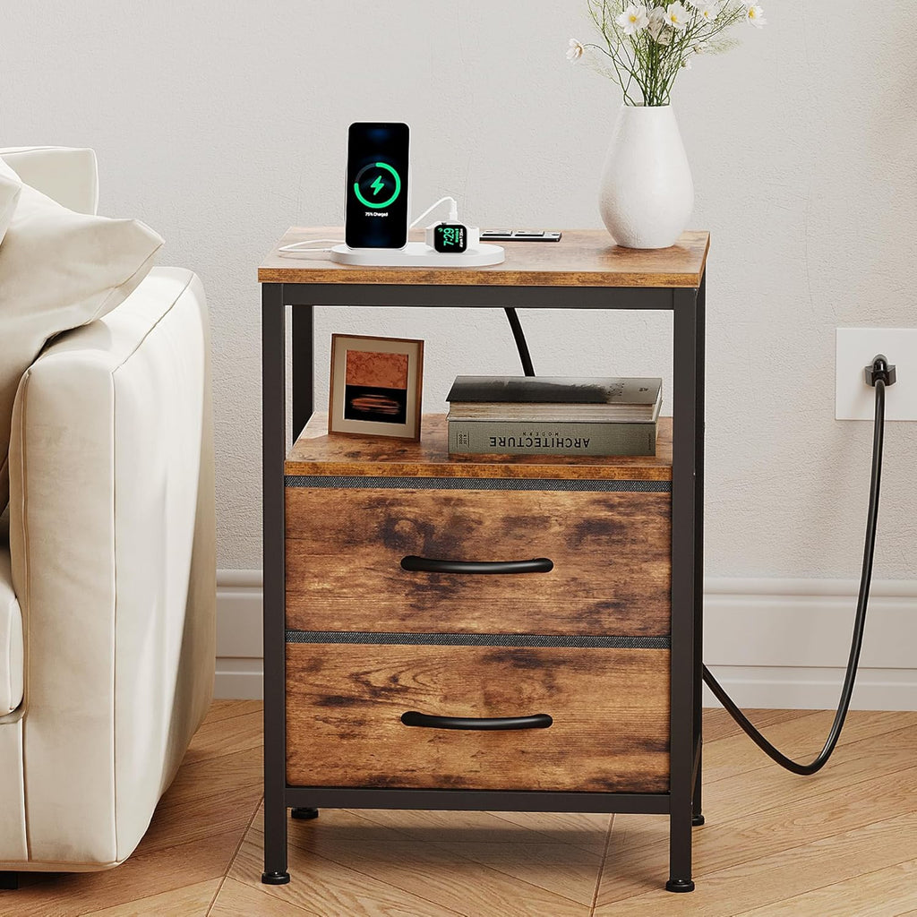 OLIXIS Nightstand with Charging Station, Bedside Table with USB Ports & Type-C, 2 Fabric Drawers Night Stand with Open Shelf, Compact End Table for Bedroom, Black & Rust