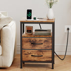 OLIXIS Nightstand with Charging Station, Bedside Table with USB Ports & Type-C, 2 Fabric Drawers Night Stand with Open Shelf, Compact End Table for Bedroom, Black & Rust