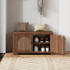 Fluted Storage Bench with Storage, Small Entryway Shoe Bench, Bedroom Storage Bench, Wood Shoe Organizer, Mid Century Modern Cabinet with 2 Doors, Adjustable Shelf, Hallway, Living Room, Walnut