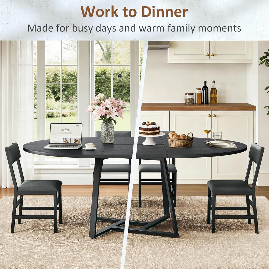 HUAHUU 60" Dining Table Set for 4-8, 5-Piece Extendable Round to Oval Kitchen Table Cushion Chairs Set of 4, Metal Frame & MDF Board, Space-Saving for Small Apartment, Black Wood Grain