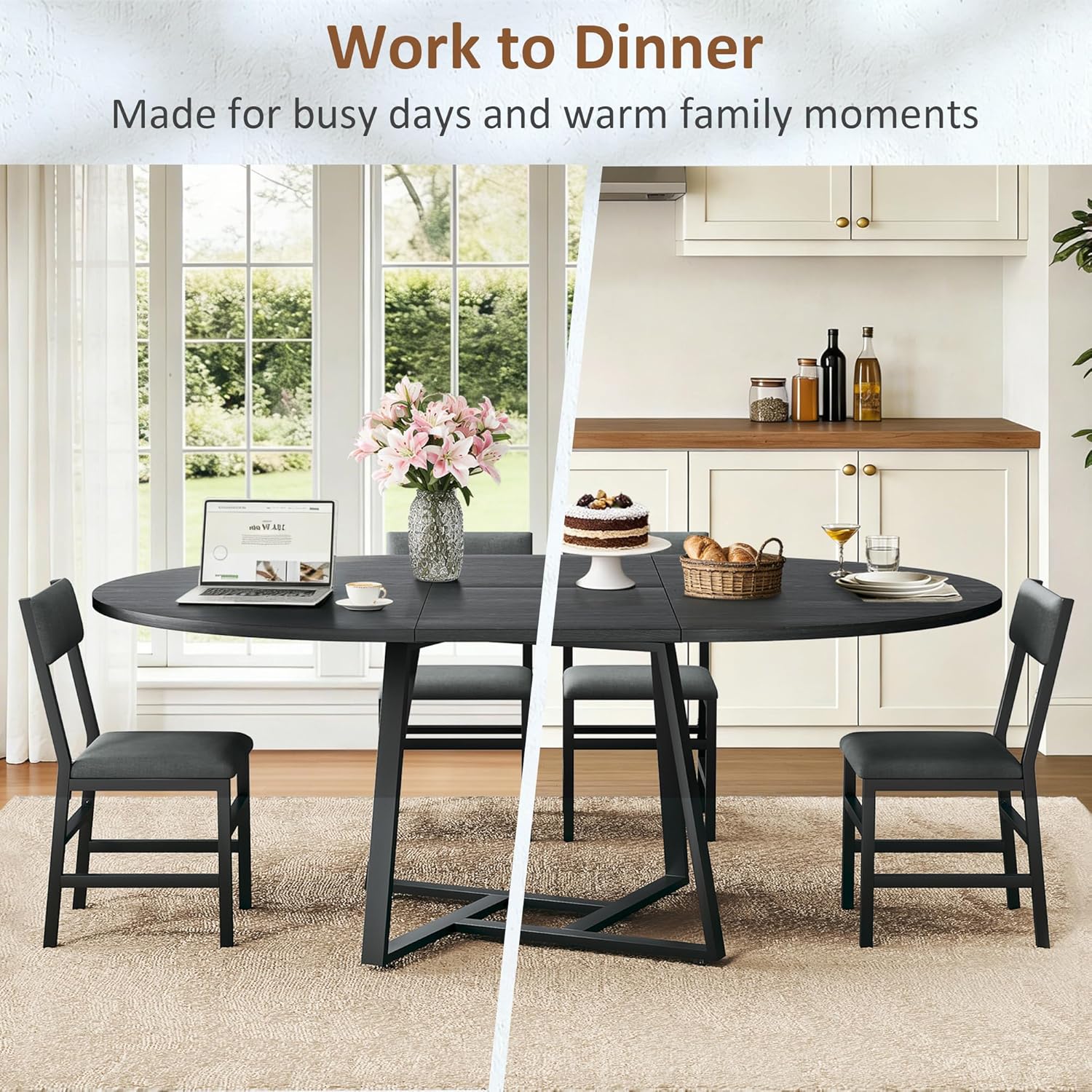 HUAHUU 60" Dining Table Set for 4-8, 5-Piece Extendable Round to Oval Kitchen Table Cushion Chairs Set of 4, Metal Frame & MDF Board, Space-Saving for Small Apartment, Black Wood Grain